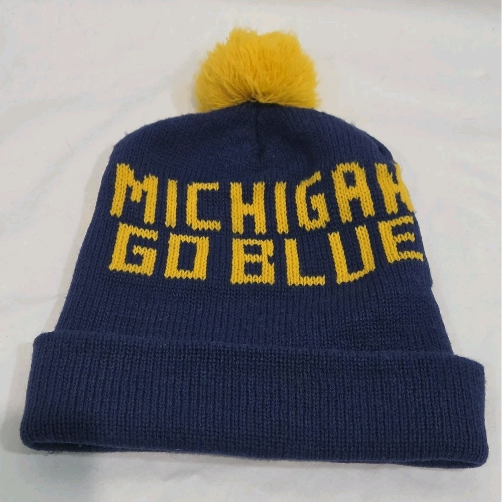 Vtg Michigan Wolverines Go Blue Yellow Blue Pom Knit Beanie Winter Hat Cap